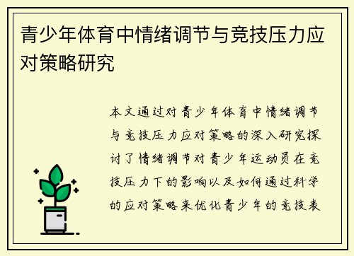 青少年体育中情绪调节与竞技压力应对策略研究 青少年体育中情绪调节与竞技压力应对策略研究
